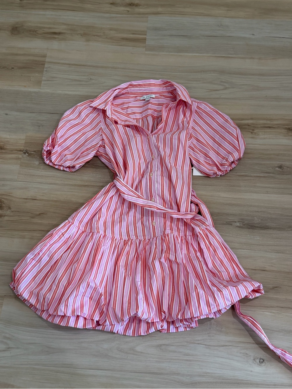 Striped Pink Belted Shirt Dress with Puff Sleeves